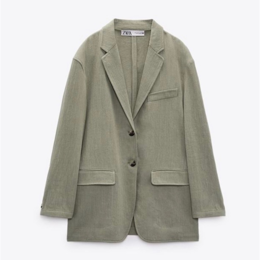 ZARA Green Linen Blend Button Blazer Jacket Women's Small
